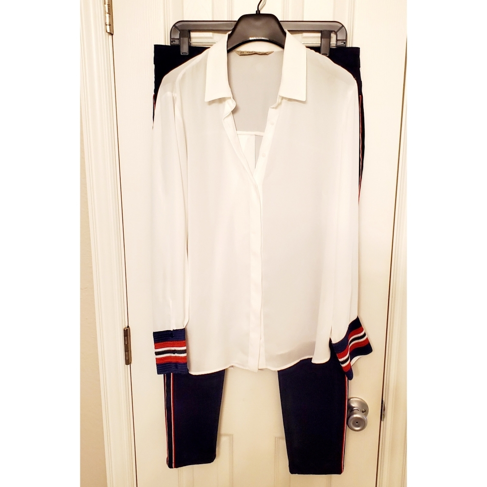 Zara White Blouse with Navy & Red Trim Pants